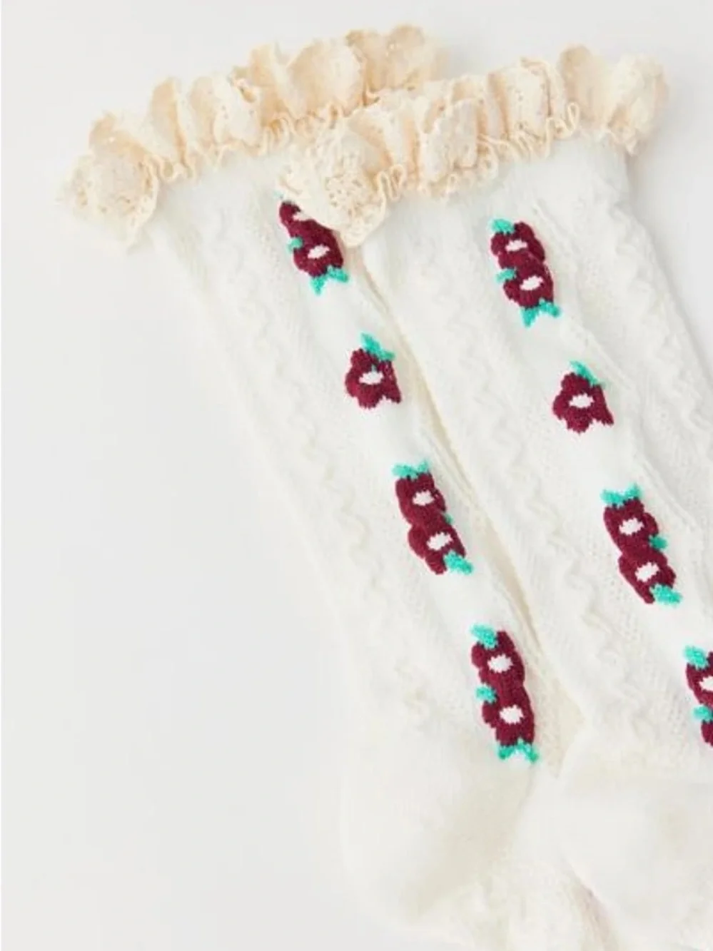 Urban Outfitters Coquette White Lace-Trim Floral Knit Crew Socks NWT